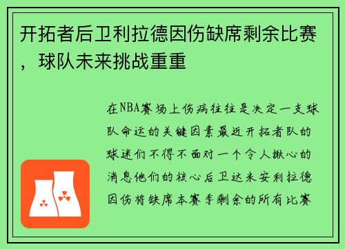 开拓者后卫利拉德因伤缺席剩余比赛，球队未来挑战重重